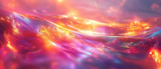 Ethereal glass and light motif blended with dynamic holographic patterns and iridescent design elements for a visually striking wallpaper