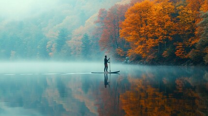 A man doing paddleboarding in still lake water with colorful Autumn foliage woods