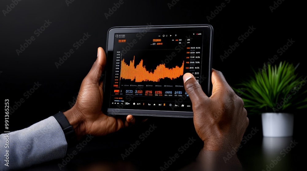 Poster hands-on stock analysis: a close-up image of a businessman's hands meticulously analyzing stock mark