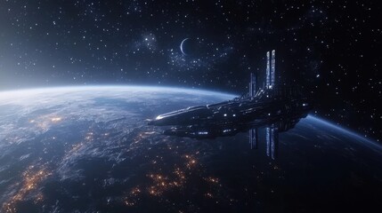 Fototapeta premium Spaceship Hovering Above Earth