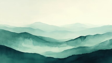 Tranquil minimalist landscape with simple fluid brushstrokes in a muted, earthy palette of greens and neutrals