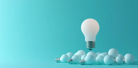 Light bulb concept, idea generation, creativity, innovation, glowing bulb above white bulbs on teal background, symbolizing inspiration and new ideas