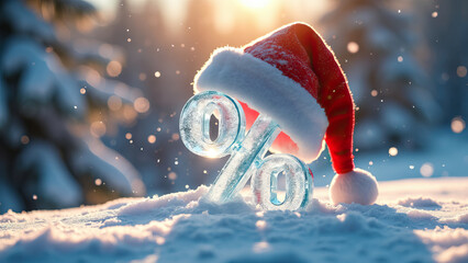 This visually stunning image shows an ice percentage sign wearing a Santa hat, set in thick snow during sunrise in a snowy forest background, symbolizing cold season savings or discounts.