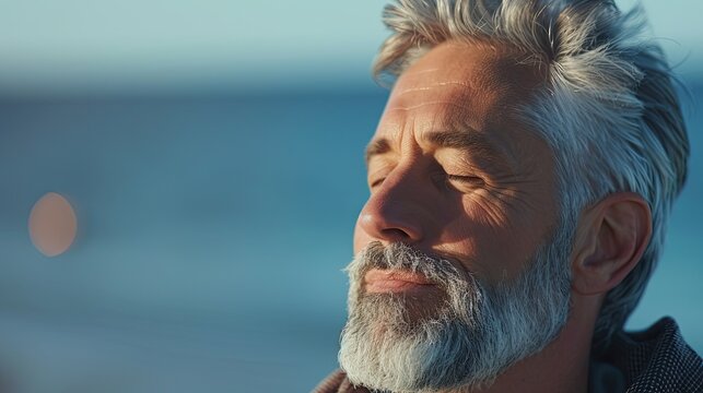Close up of handsome medium-aged meditating man with gray hair and beard on the ocean shore, with closed eyes