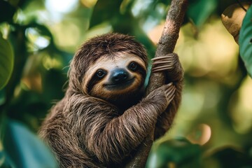 Fototapeta premium A sloth hangs leisurely from a branch, showcasing its slow-moving nature and characteristic behavior.