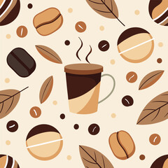 Obraz premium Seamless Pattern on the theme of hot coffee, coffee cups coffee beans. 