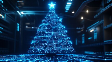 The futuristic neon light Christmas tree is shaped with a glowing circuit in a high-tech environment.