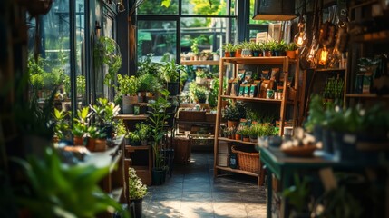 A vibrant indoor plant shop filled with various greenery and gardening supplies.