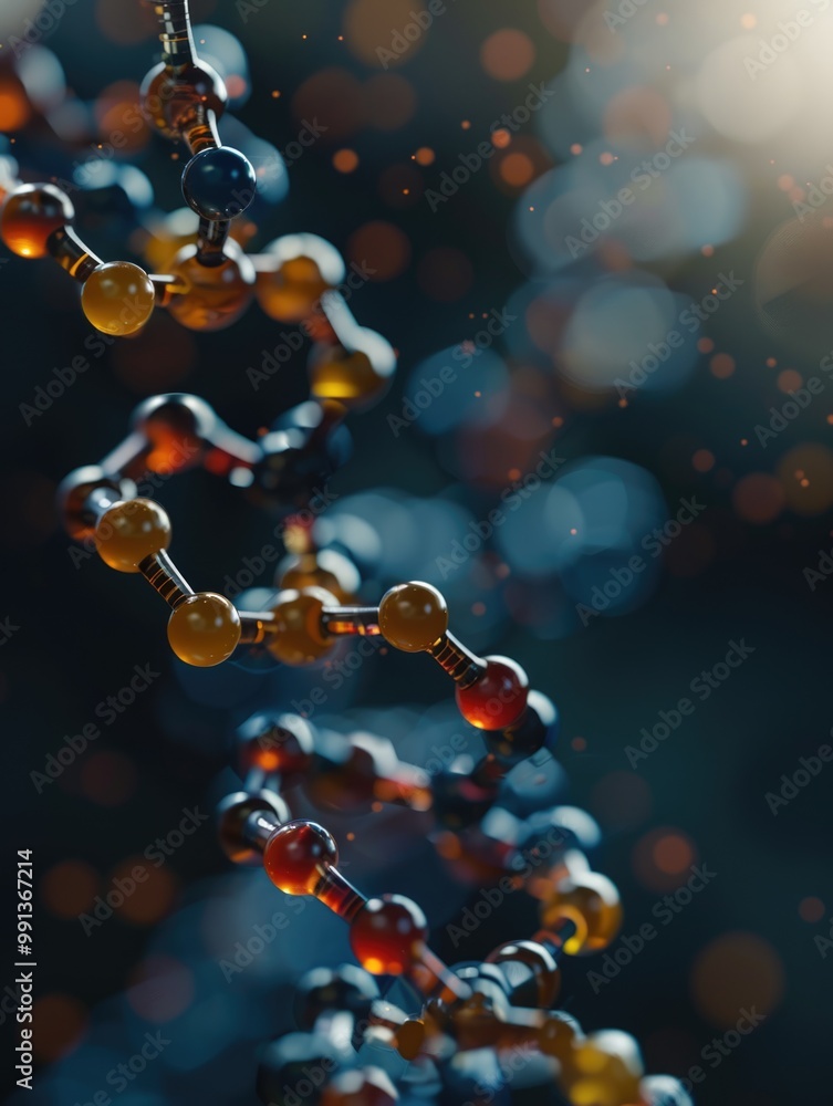 Poster colorful dna double helix in focus, background blurred with bokeh effect.