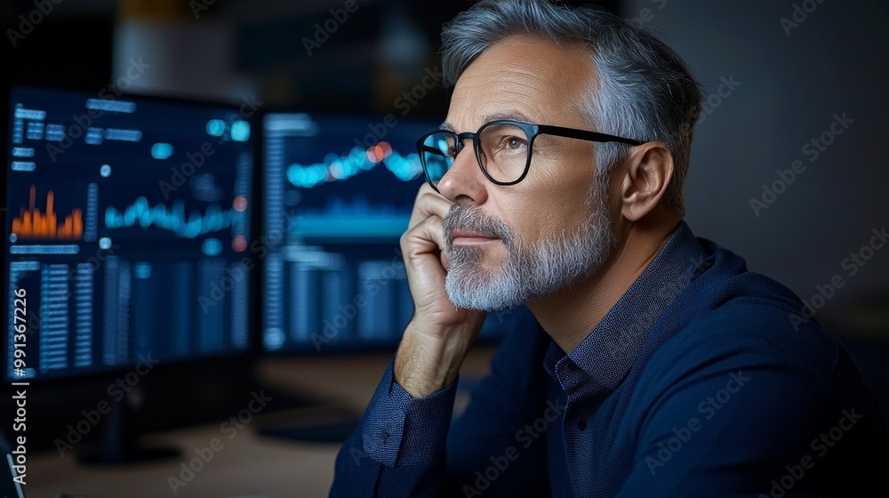 Poster strategic focus: a seasoned businessman, illuminated by the glow of multiple computer screens displa