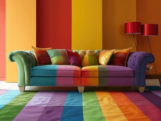 Bright, cheerful living room with multicolored couch and matching floor.