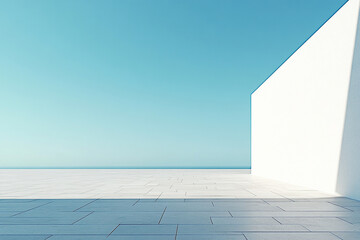 Abstract 3D rendering of minimalist style architectural space scene, mountain and lakeside building