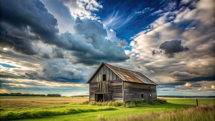 Fototapeta premium Abandoned barn in countryside with cloudy sky in background, weather, sky, rustic, farm, rural, run-down, symmetrical, landscape, structure, weathered, deserted, barnyard, abandoned