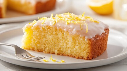 A delightful lemon cake with a zesty glaze and lemon zest on top, displayed on a white ceramic plate with a fork