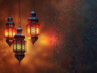 Moroccan lanterns lit with colorful lights, suspended against an intricate geometric background. Traditional and ornate Arabic design elements.