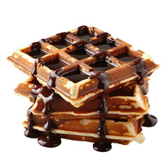 Stack of golden brown waffles is pictured with chocolate sauce drizzled on top