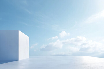Abstract 3D rendering of minimalist style architectural space scene, mountain and lakeside building