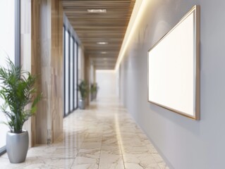 Obraz premium A clean, contemporary office interior with floor-to-ceiling windows and a large, empty blank wall suitable for adding company logos or art.