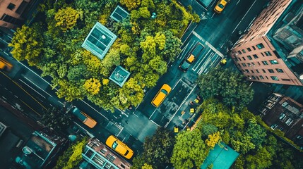 Aerial view of a bustling city with vibrant greenery and yellow taxis on the streets.