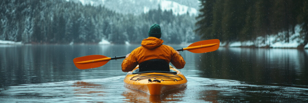 A person kayaking in lake water in winter with snow mountain