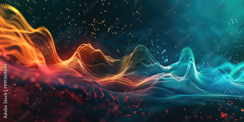 Poster dynamic and vibrant digital art featuring a blend of elements in an abstract manner.