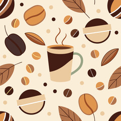 Obraz premium Seamless Pattern on the theme of hot coffee, coffee cups coffee beans. 