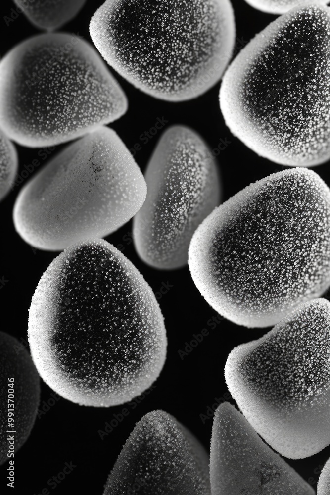 Poster an up-close image of variously shaped and sized bubbles, possibly from a soap or shampoo product on 