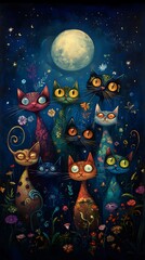 Fototapeta premium Art, Painting, Cats in a Row, Minimalist, Abstract Image, Texture, Pattern Background, Wallpaper, Smartphone Cover and Screen, PC, Laptop, 9:16 and 16:9 Format