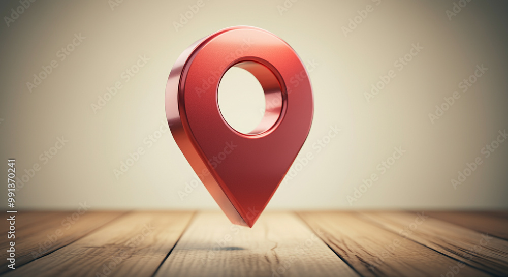 Poster location pin icon floating on wooden surface with technology elements for navigation and mapping