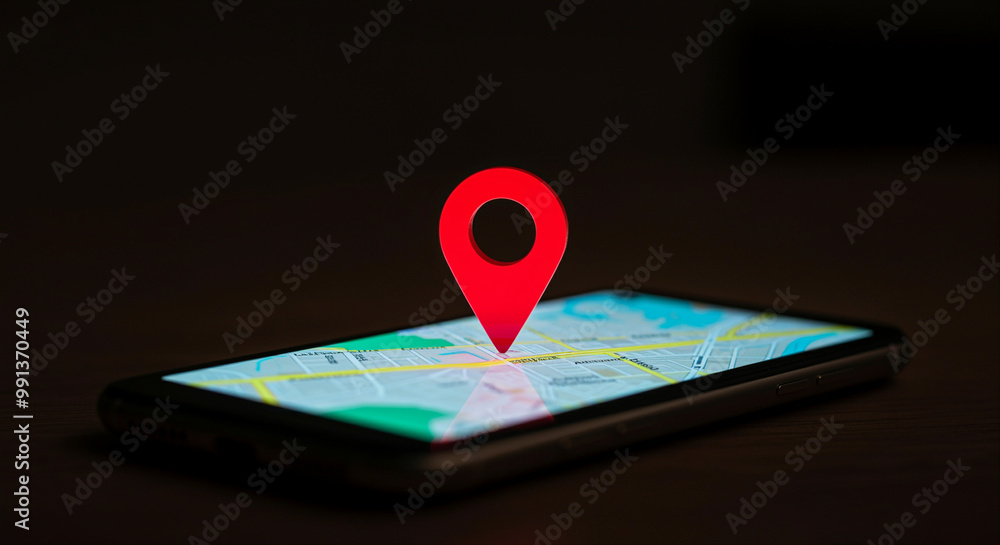 Poster smartphone with location marker on map interface in dark setting