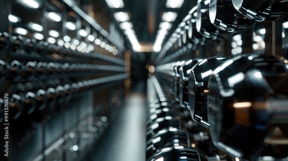 Poster a close-up image of a server rack with numerous blurred devices.