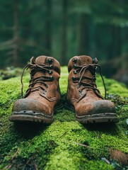 Brown hiking boots amidst mossy rocks, nature exploration concept
