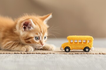 Adorable kitten curiously inspecting a small knitted school bus toy on a carpet, embodying playfulness and innocence.