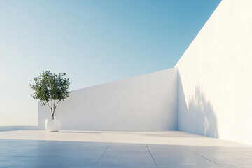 Abstract 3D rendering of minimalist style architectural space scene, mountain and lakeside building