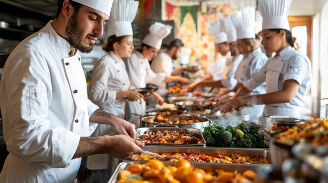 Diverse Chefs in a Busy Kitchen Collaborating on Cooking Delights