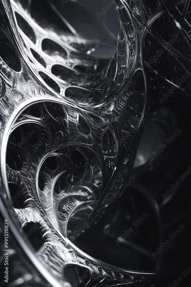 Poster abstract three dimensional fractal resembling an unusual metal structure against a dark backdrop