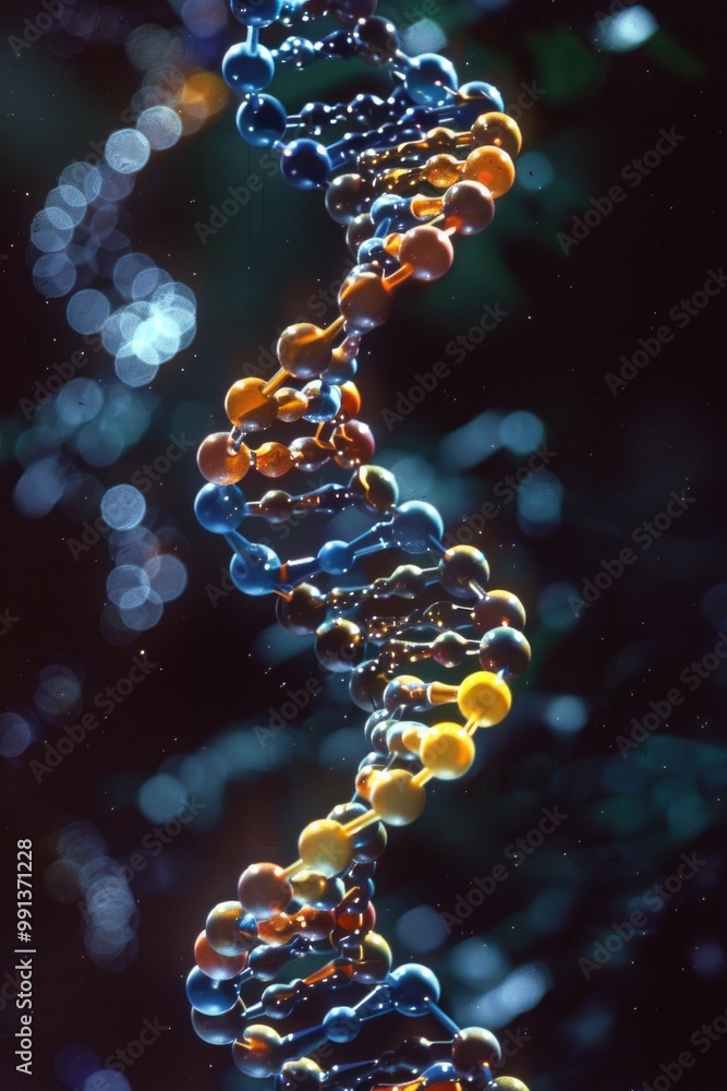 Poster microscopic view of a strand of double-helix dna. includes four colored spheres representing hydroge