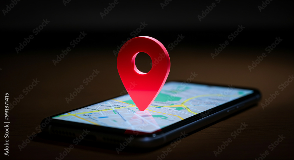 Poster smartphone with map and location pin displaying navigation in a digital environment