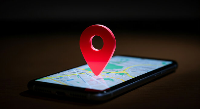 Smartphone with map and location pin displaying navigation in a digital environment