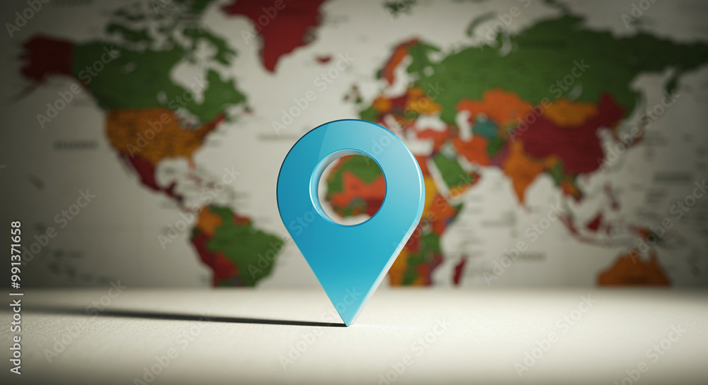Poster location pin on world map showcasing travel destinations and navigation features