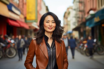 Portrait of a content asian woman in her 30s sporting a stylish leather blazer in front of vibrant market street background