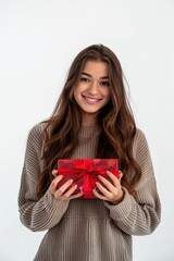 Fototapeta premium A young woman is smiling and opening a beautifully decorated gift box, likely for Christmas or another special occasion.