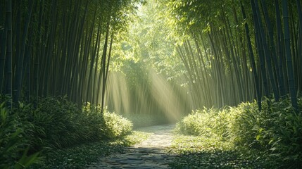 A pathway through a dense bamboo forest, with sunlight streaming in from above, casting soft shadows on the ground and illuminating the leaves.