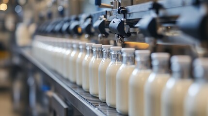 Obraz premium Bottling line with glass milk bottles filled with fresh milk in a production facility.