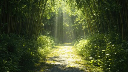 Fototapeta premium A pathway through a dense bamboo forest, with sunlight streaming in from above, casting soft shadows on the ground and illuminating the leaves.