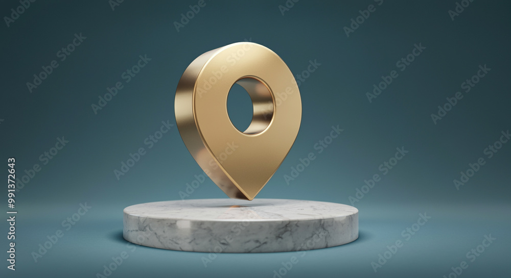 Poster location pin marker sculpture on marble base for navigation and mapping