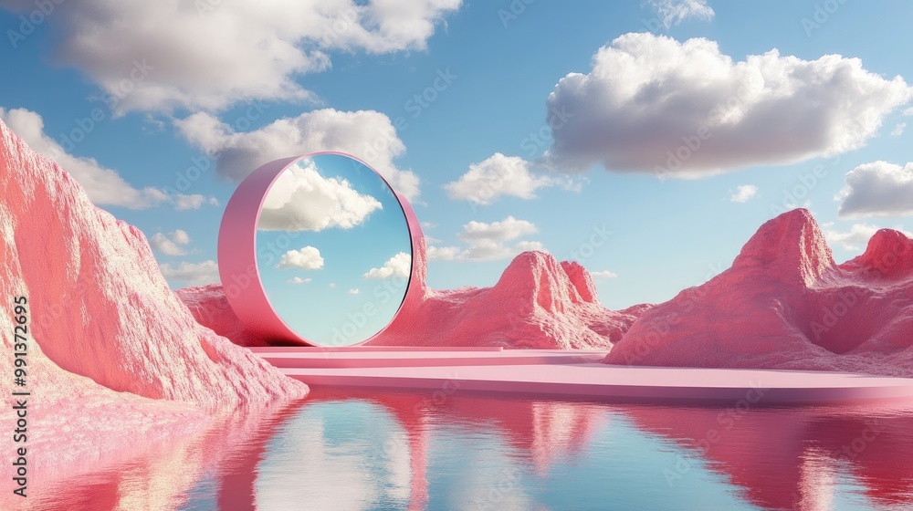 Poster 3d rendering of an abstract surreal landscape featuring a pink desert with a lake and geometric mirr