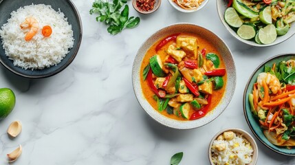 A flavorful Thai feast featuring red curry, fried rice, and stir-fried vegetables, elegantly displayed on a marble countertop.