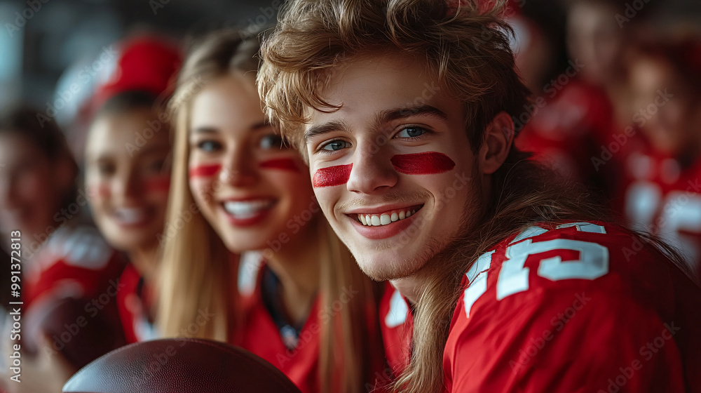 Poster A group of friends watching an NFL game in the stadium with faces painted and expressions of joy as their team scores Large space for text in center Stock Photo with copy space