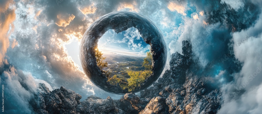 Aufkleber 3d rendering of a landscape encapsulated within a spherical shape surrounding the planet
